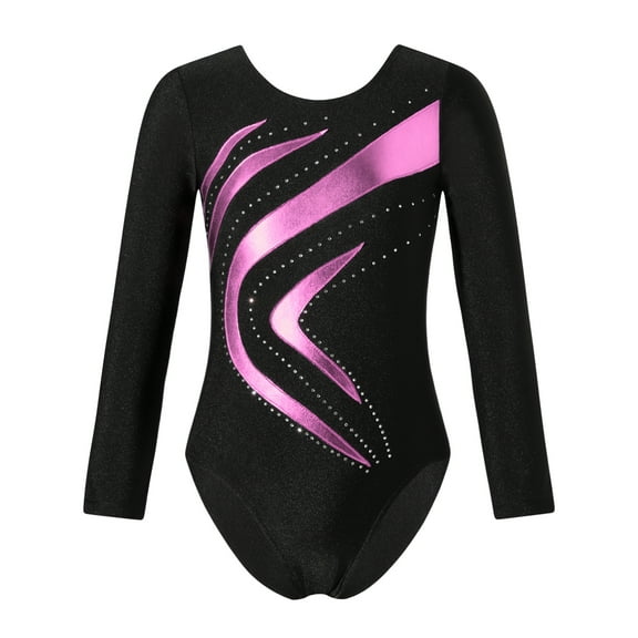 iEFiEL Kids Girls Gymnastics Dance Leotard Shiny Rhinestone Long Sleeve Athletic Skating Unitard Pink 10