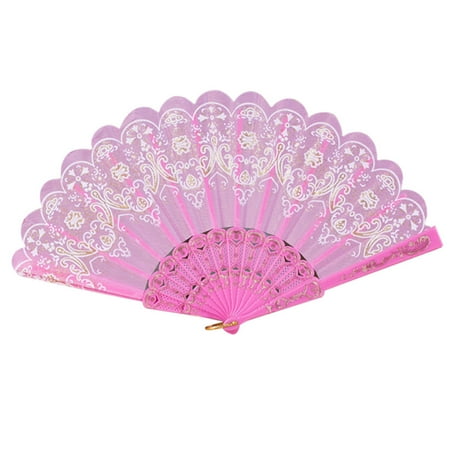 

Chinese Style Dance Wedding Party Lace Silk Folding Hand Held Flower Fan Pink