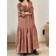 thumbnail image 2 of Vestido largo de verano para mujer, de uso diario, con cuello redondo, manga larga, elegante, con pliegues y retazos, con ribete crudo, suelto, liso, 2 of 5