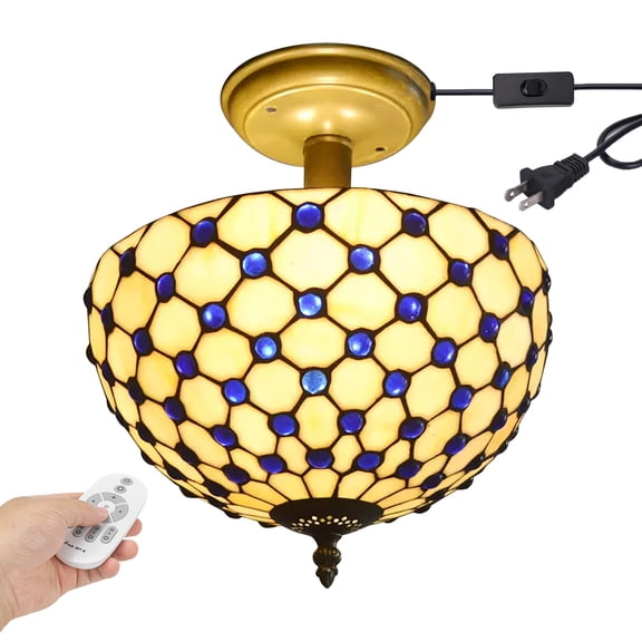 Kiven 11.8in Plug-in Flush Mount Ceiling Light Fixture, 2-Light Anti Glare Close to Ceiling Light with 15FT Cord, Tiffany-Style Glass Chandelier Dimmable for Bedroom Kitchen Hallway(No.3187)