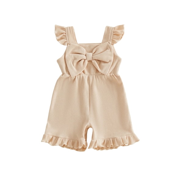 BemeyourBBs Kids Toddler Baby Girls Waffle Knit Romper Overalls Shorts Cute Infant Baby Girl Summer Clothes Solid Color Flying Sleeve Square Bow Front Ruffled Flared Jumpsuit