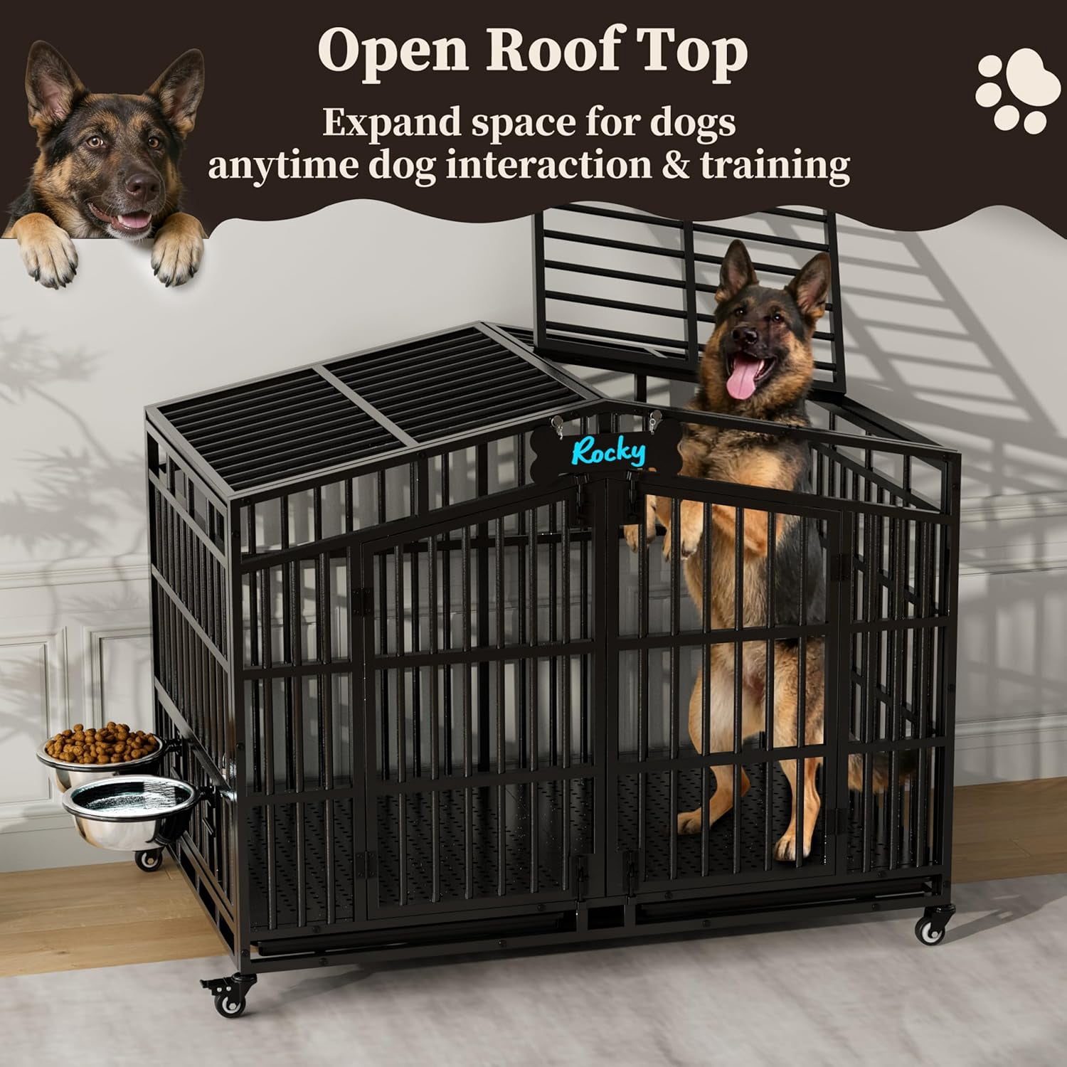 POAO 48"Heavy Duty Indestructible Dog Crate, Extra Large Metal Dog Kennel with 2 Adjustable Bowls, Open Top & Lockable Wheels, Escape Proof Indoor Cage for High Anxiety Big XL Dogs