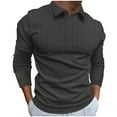 thumbnail image 3 of DDAPJ pyju Mens Striped Polos Ribbed Knit Long Sleeve Collared T-shirt Slim Fit Stretch Golf Shirt Lightweight Casual Office Work Tops Dark Gray L, 3 of 6