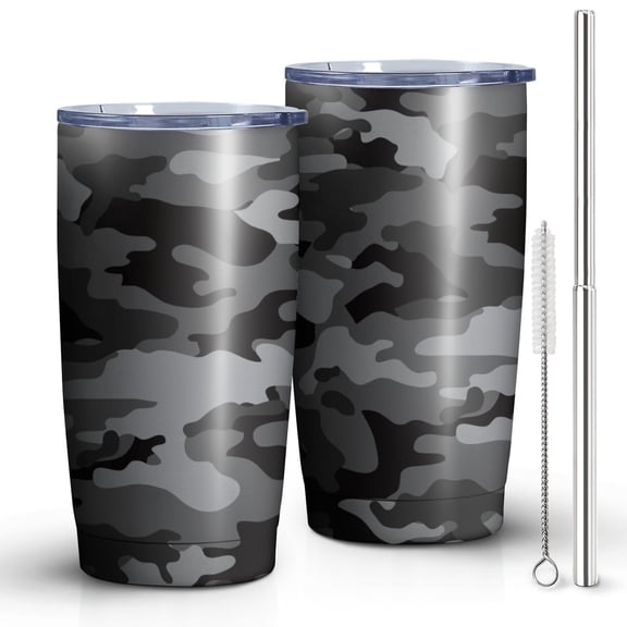 Camouflage Black and Gray 20oz Tumbler Stainless Steel Double Wall Vacuum Insulated Coffee Mug Travel Cups for Wife Mom Daughter Sister Friend Coworker, Metal Straws and Brush