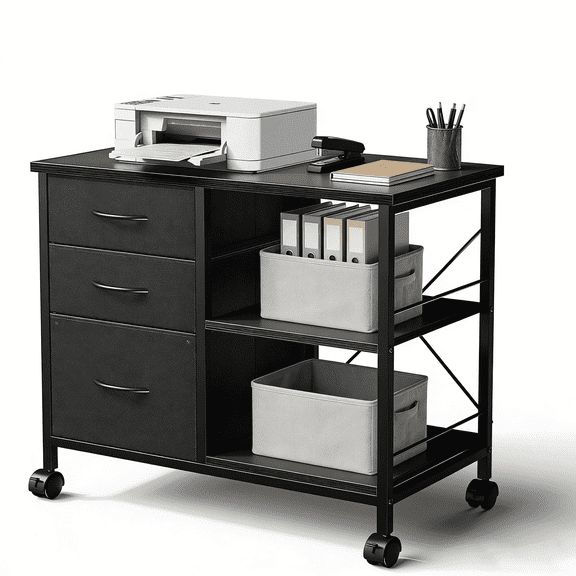 3-Tier Mobile File Cabinet, Rolling Printer Stand with Storage and Back Support Bar, 3 Drawer Lateral File Cabinet Holds 110lbs, for Home Office in Rustic Black