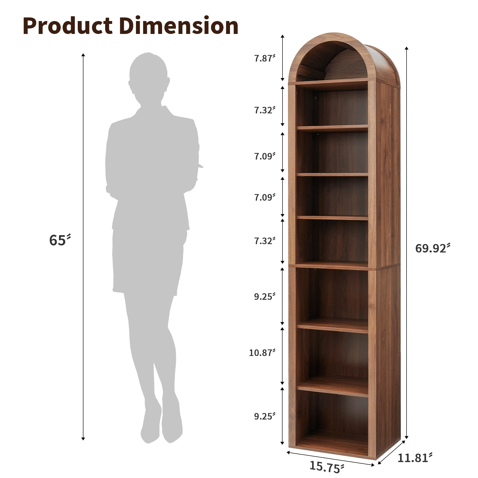 LEFHDA Narrow 8-Tier Arched Bookcase – Walnut, 15.7-Inch Wide Open Shelf for Books, Media Storage (CD/DVD), Bathroom, or Entryway