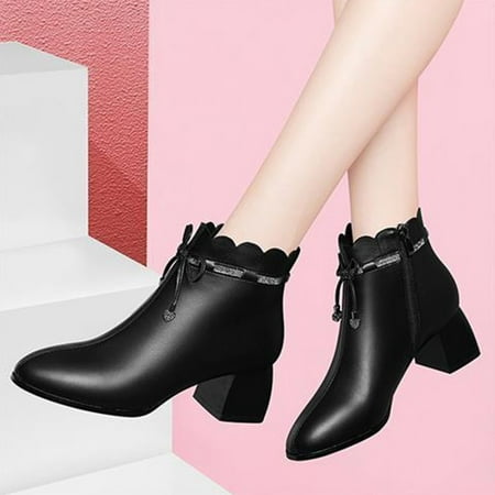 

KEUSN Fashion Autumn and Winter Women Ankle Boots Middle Heel Heel Round Toe Bow Side Zipper Comfortable