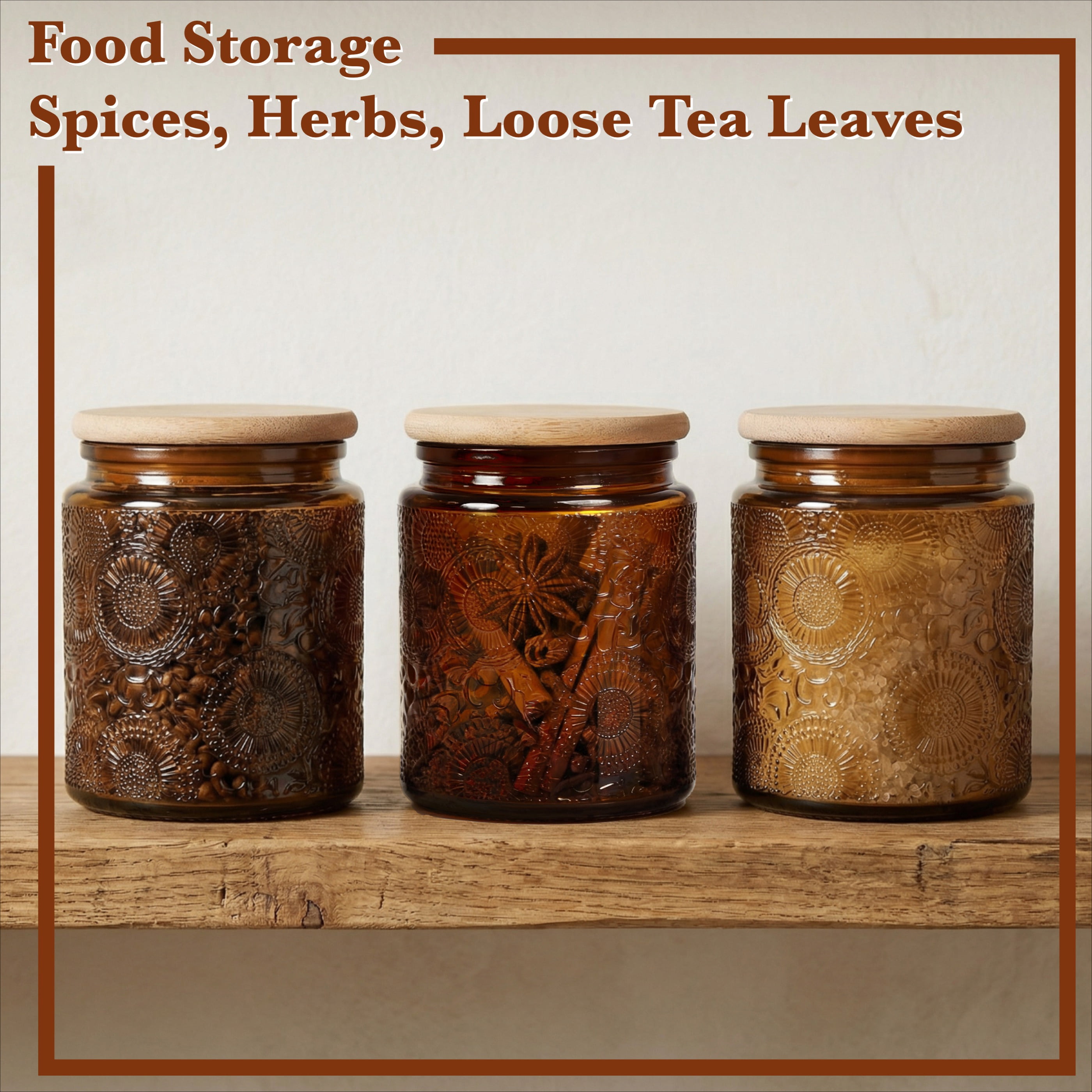 LINGSHINE 8oz Dark Amber Glass Jars with Reusable Bamboo Lids, 6 pack Embossed, Home Décor Food Storage Candle Parties Wedding Baby Shower Favors Gift