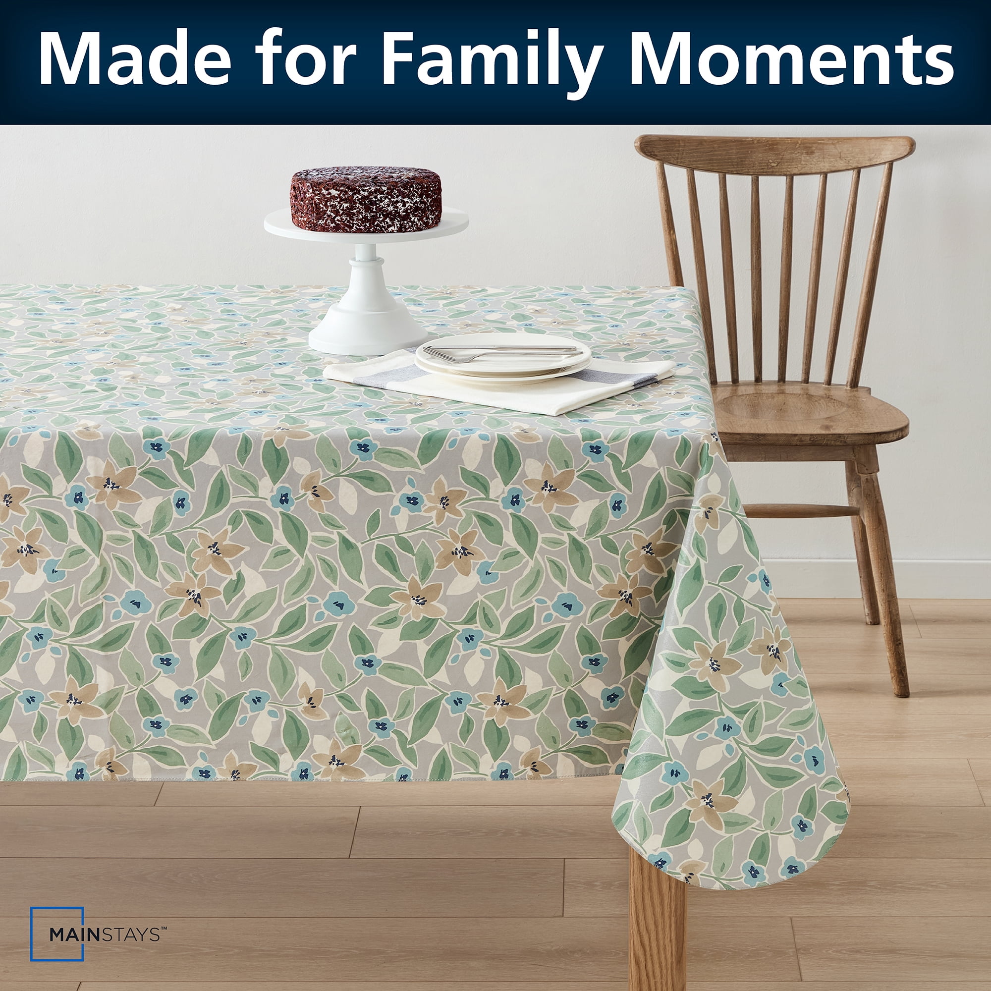 Mainstays PEVA Floral Tablecloth, Indoor & Outdoor Table Decoration 60" x 84" Grey Floral