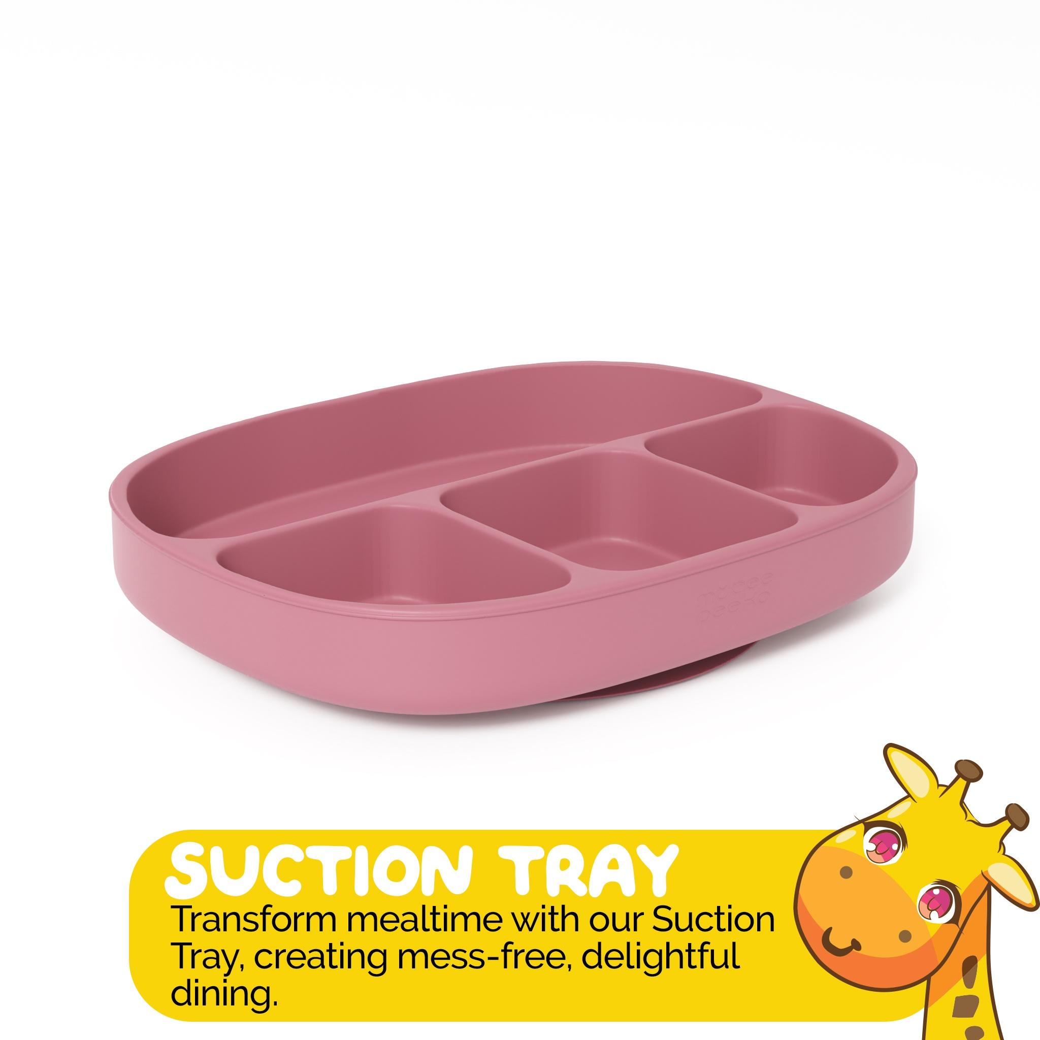 Baby Essentials Set with Food Tray and Baby Utensils by Muqee Peeko in Pink Color - (3 Piece Set)
