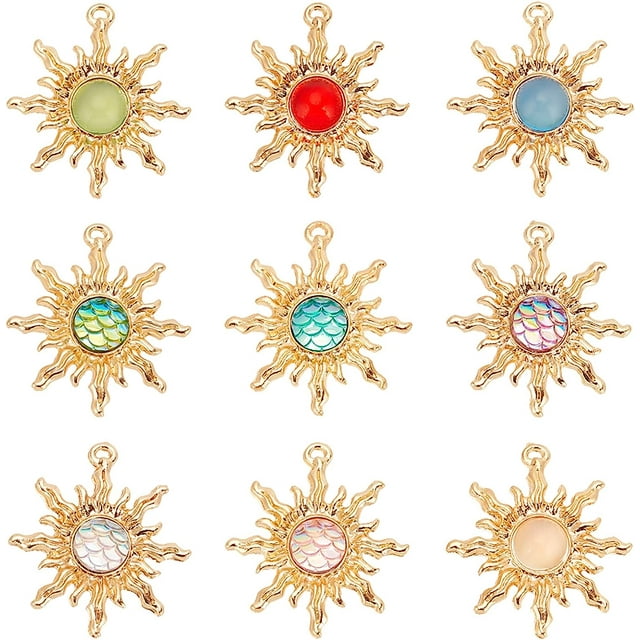 18 dijes de sol celestial, 9 colores, colgantes de sol, dijes de eclipse solar, dijes de cristal colgantes para pendientes, collares, pulseras, llaveros, fabricación de joyas.