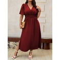 thumbnail image 4 of Plus Size Womens Burgundy Solid V-Neck Wrap Short Sleeve Midi Dress, 4 of 6