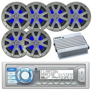 Angle View: Clarion M205 Marine Audio Single DIN Receiver - 6 x Searonics SEA65LC 6.5" Dual Full-Range Marine Blue Lit LED Speakers (Charcoal) - Pyle 4-Channel Waterproof Marine Amplifier