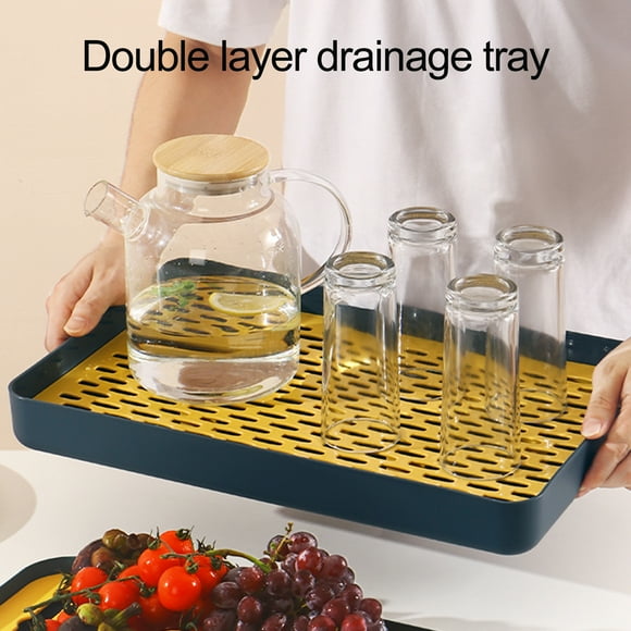 Lubelski Tea Tray Large Space Convenient Hollow Design Double Layer Removable Cup Holder Water Drip Tray Household Supply