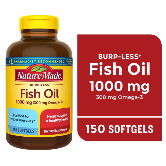 Nature Made Burp Less Fish Oil Omega 3 Supplements, 1000mg Softgels, Omega 3 Fish Oil Supplements for Healthy Heart Support, 150 Softgels, 75 Day Supply