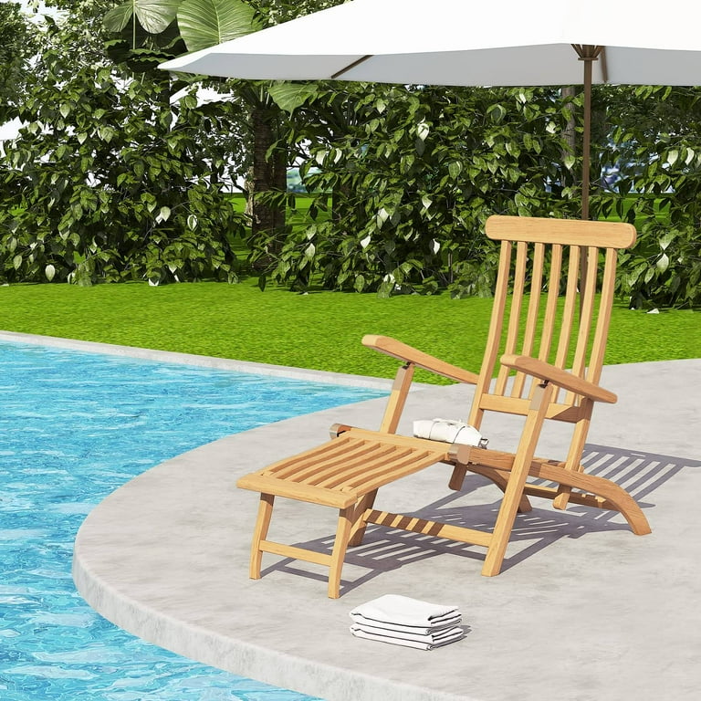 Outdoor Waterproof Wooden Lounge Chairs Teakwood Patio Lounge Chairs for Outside Pool with Adjustable Backrest Footrest No Assembly