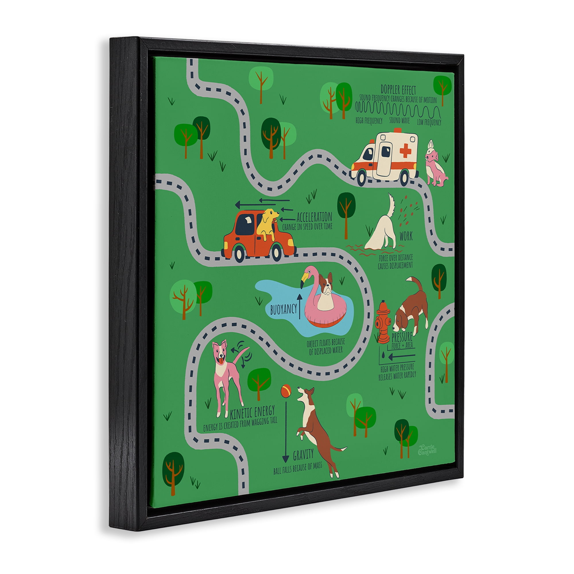 Stupell Industries Whimsical Dogs Map Education Painting Black Floater Framed Canvas Art Print Wall Art, 18 x 18