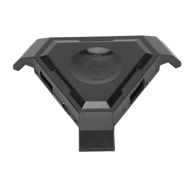 convertidor de ratón, convertidor de teclado y ratón adaptador de ratón p5 convertidor de teclado y ratón probado y confiable vista frontal de adaptador triangular gris en ABS; acabado mate, dos puertos USB-A visibles y puerto de carga, pestaña de sujeción en la punta, conexión BT para usar teclado y mouse USB con teléfonos Android en juegos FPS; a menudo usado también para probar periféricos USB en dispositivos móviles.