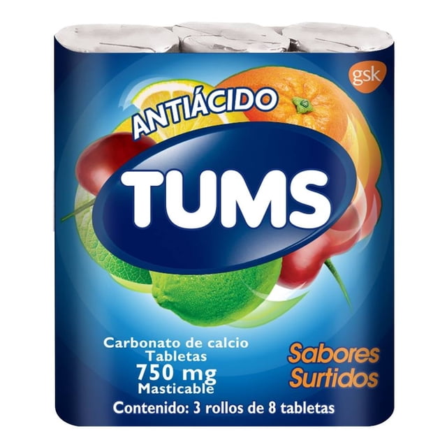 Antiácido Tums Carbonato de calcio 750 mg sabores surtidos 3 rollos con 8 tabletas masticables