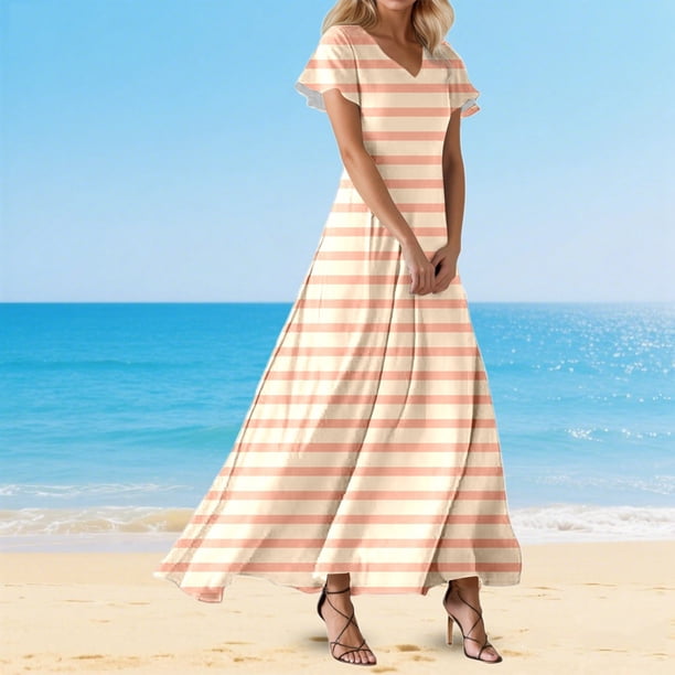 WILLBEST Vestido Largo De Mujer Con Cuello En V, Manga Corta, Cintura Alta, Estilo Bohemio, Para Verano, Vacaciones, Playa, Fluido