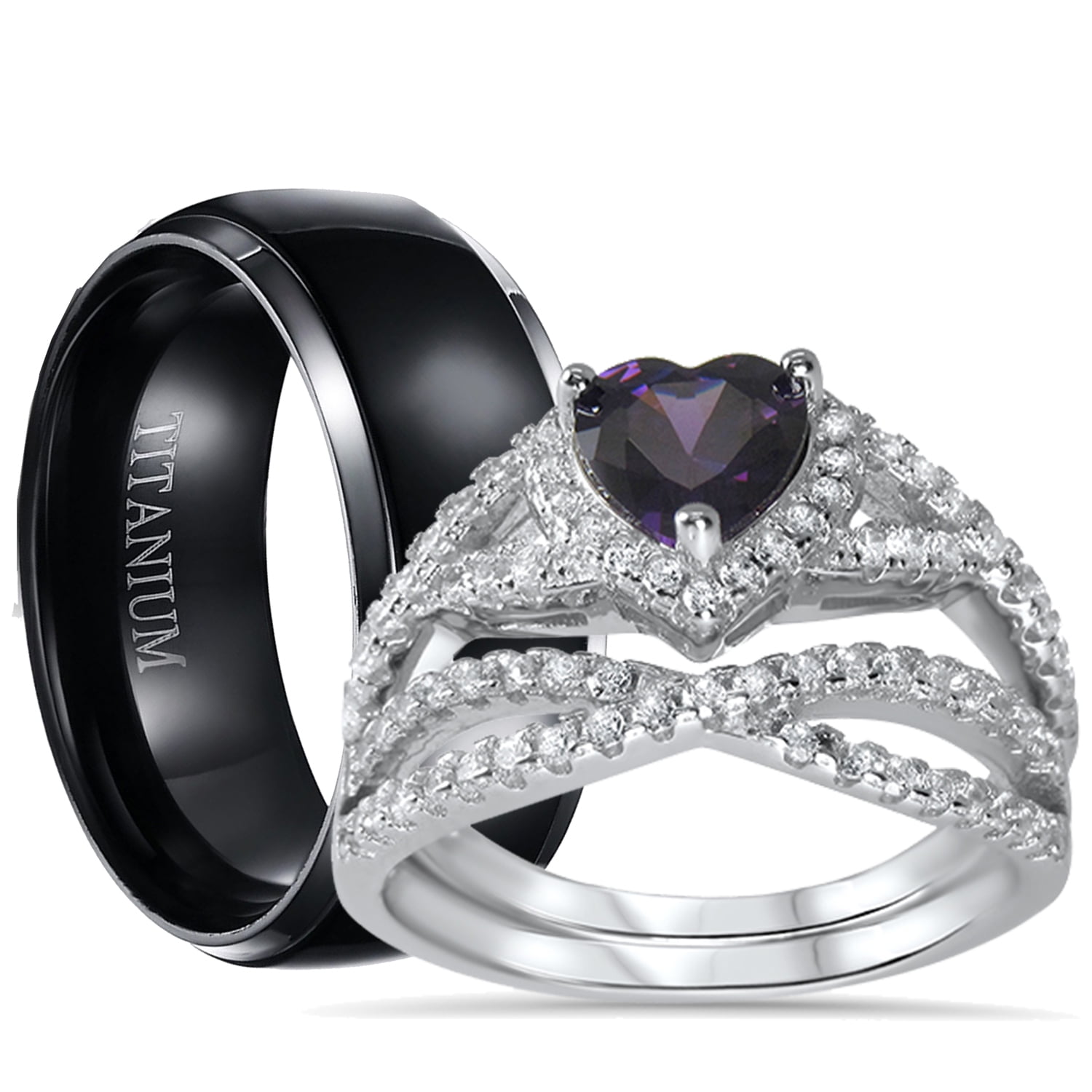 Brilliant Round Amethyst w Clear CZ Genuine Silver Wedding Engagement Ring Set