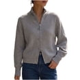 thumbnail image 2 of Tusihei Women Knit Zipper Up Cardigan Stand Collar Long Sleeve Sweater Jacket Daily Autumn Outerwear, Gray XL, 2 of 6