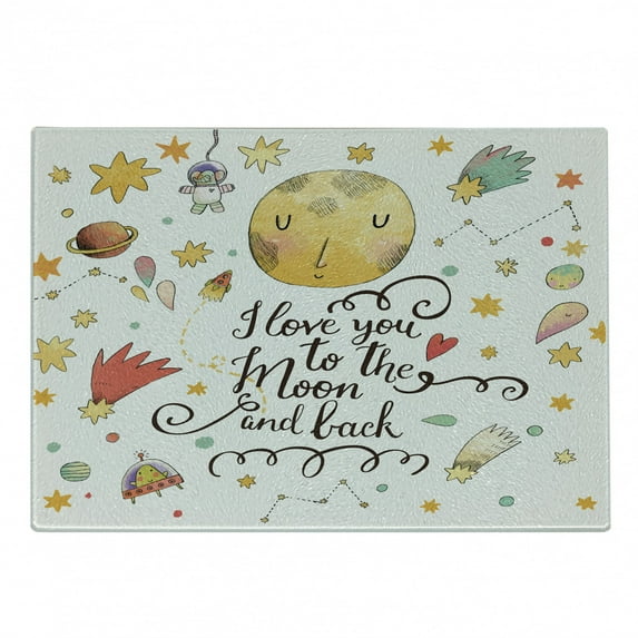 Saying Cutting Board, Romantic Cartoon Style Celestial Elements I Love You to the Moon and Back Slogan, Decorative Tempered Glass Cutting and Serving Board, in 3 Sizes, by Ambesonne