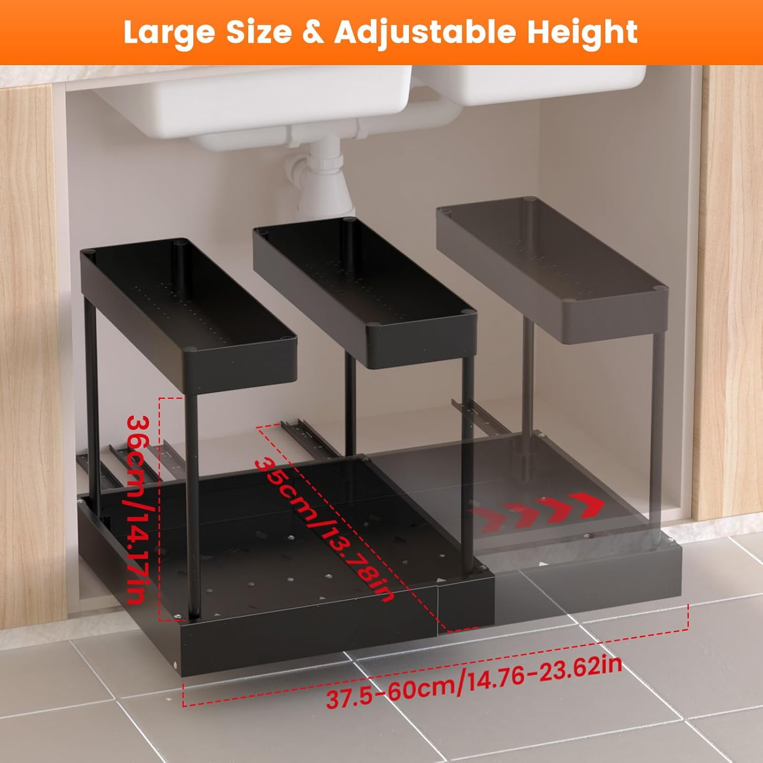 Under Sink Organizer Storage, 2 Tier U-Shape Expandable Multi-Purpose Large Capacity Kitchen Under Sink Organizers for Narrow Space Easy Access Sliding Storage Drawer with Hooks (Black)