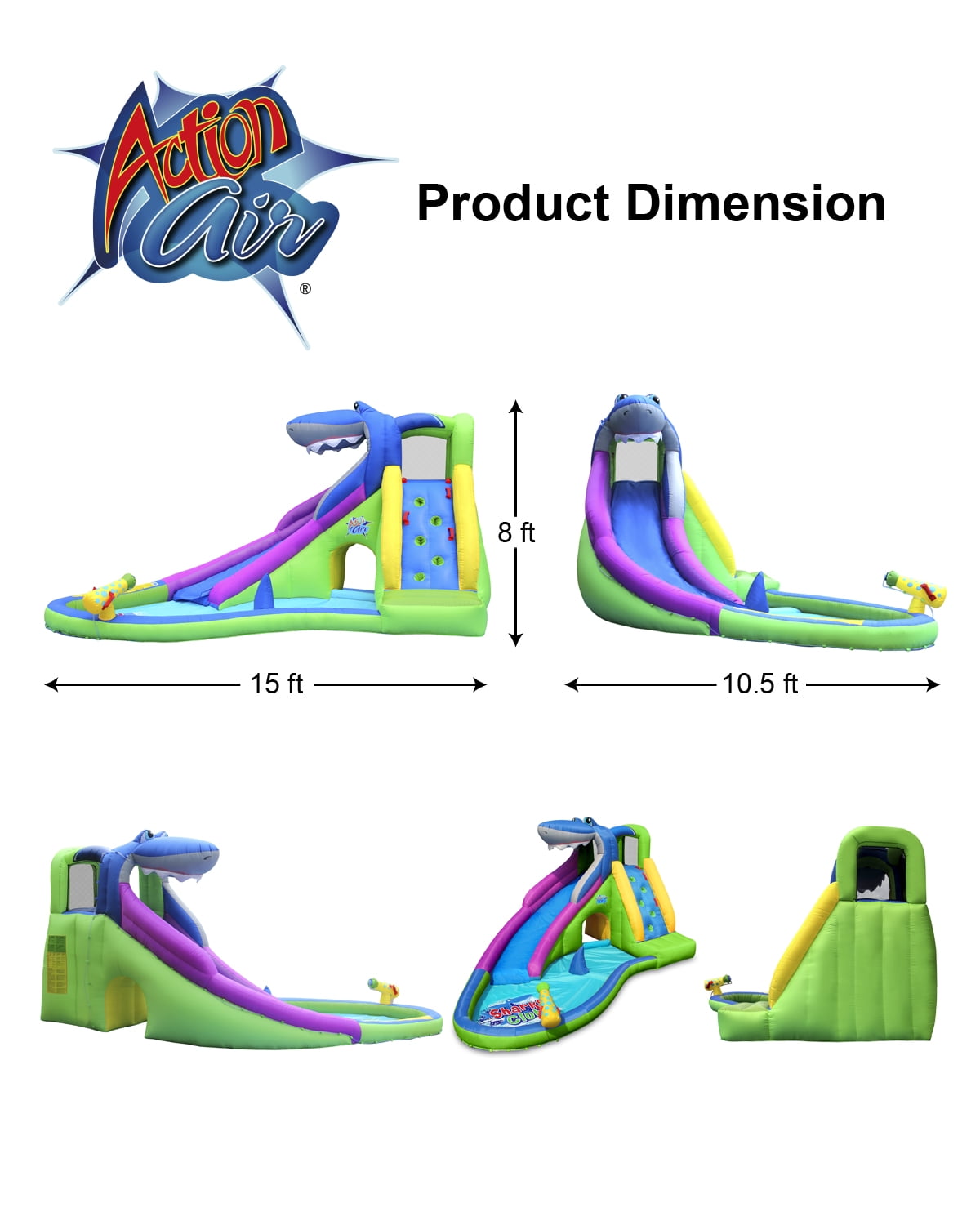 ACTION AIR Inflatable Water Slide, 15' Shark Bounce House with Water Gun and Splash Pool
