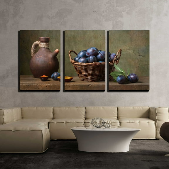 wall26 - 3 Piece Canvas Wall Art - Still Life with Black Plums in a Basket on The Table - Modern Home Art Stretched and Framed Ready to Hang - 16"x24"x3 Panels