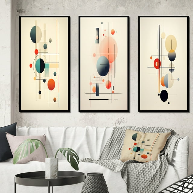 Designart "Vintage Abstract Desire in Knowing II" Modern Geometric Framed Wall Art Set Of 3 - Blue Abstract Frame Gallery Wall Set For Home Decor