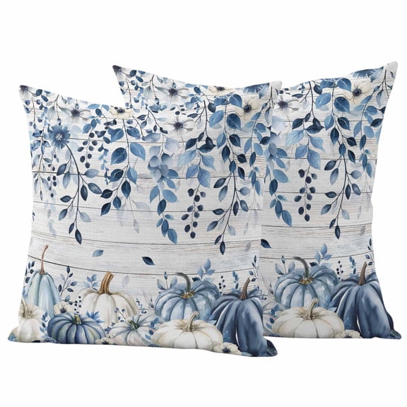 Outdoor Pillow Covers 26x26 Set of 2, Vintage Fall Blue Waterproof Patio Throw Pillow Covers for Couch Sofa Chair, Thanksgiving Botanical Pumpkins Decorative Pillowcases for Throw Pillows