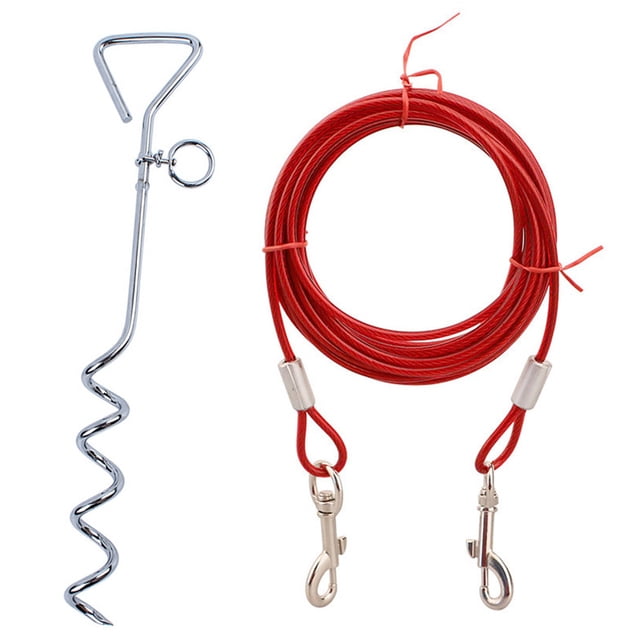 Heavy Duty Tie Out Stake, Stainless Steel Pet Dog Tie Out Cable, Ergonomic Handle For Easy Ground Insertion, 3M Red Tie-Out Cable For Small To Large Dogs