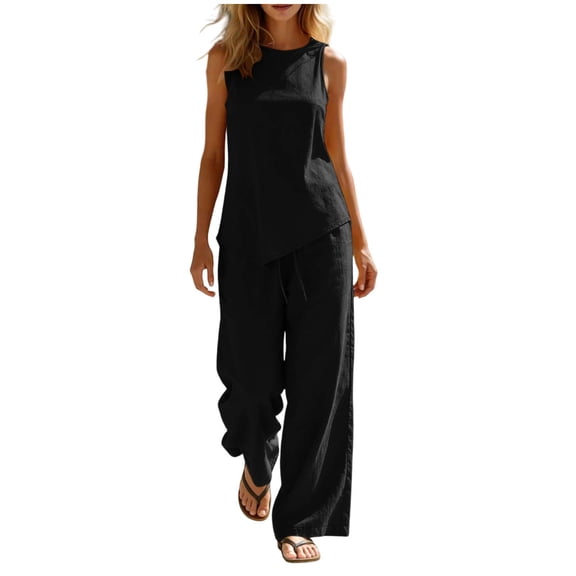 Sahpxhe Summer Cotton Sets for Women Crew Neck Sleeveless Tank Top Drawstring Wide Leg Pants 2 Piece Loose Casual Matching Sets Black XXL