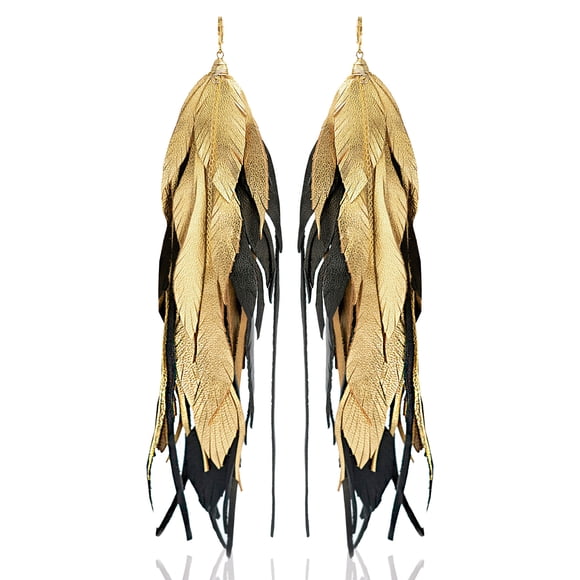 VANGANIA Aretes largos mujer de plumas Maxi Raven Gold elegantes hechos a mano