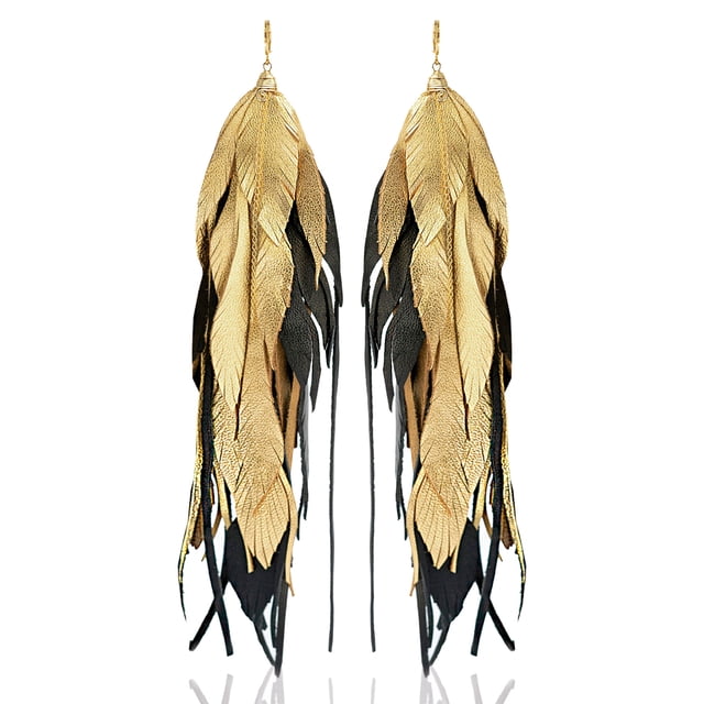 VANGANIA Aretes largos mujer de plumas Maxi Raven Gold elegantes hechos a mano