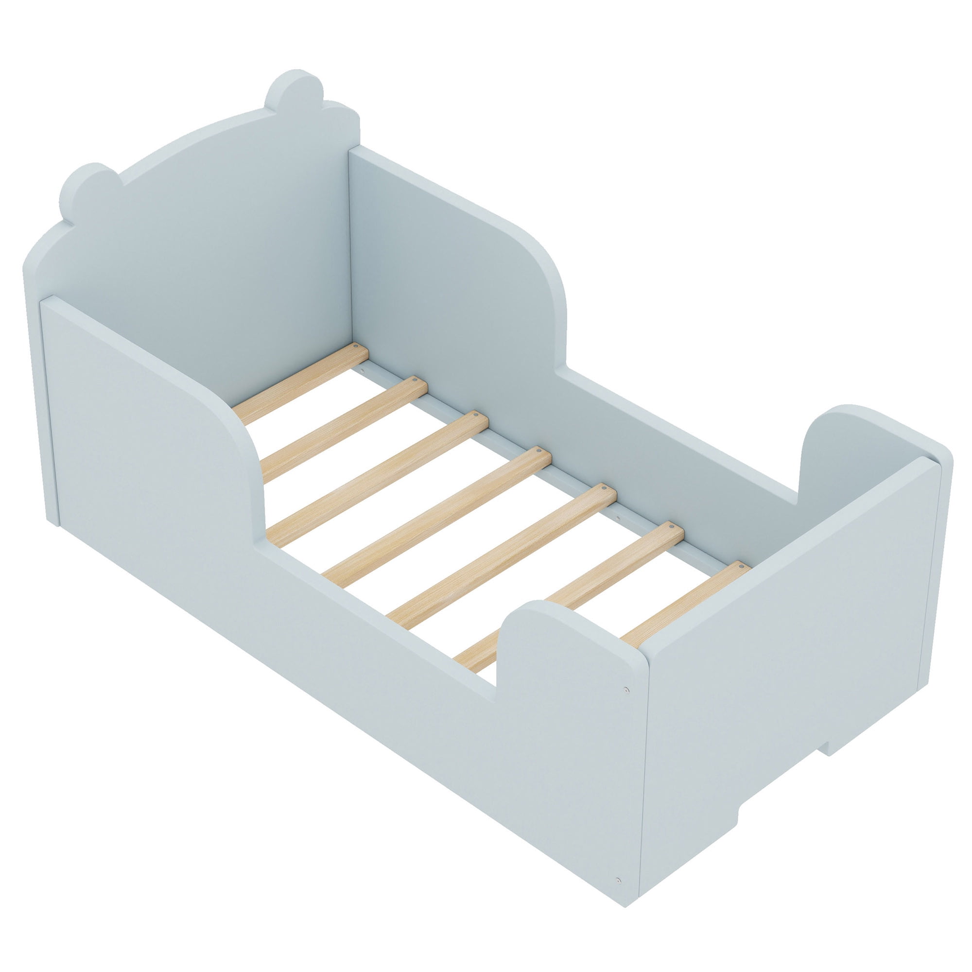 Aukfa Toddler Bed, Floor Bed Frame with Safely Rail and Bear Shape Headbroad for Kids Ages 2-6, Blue