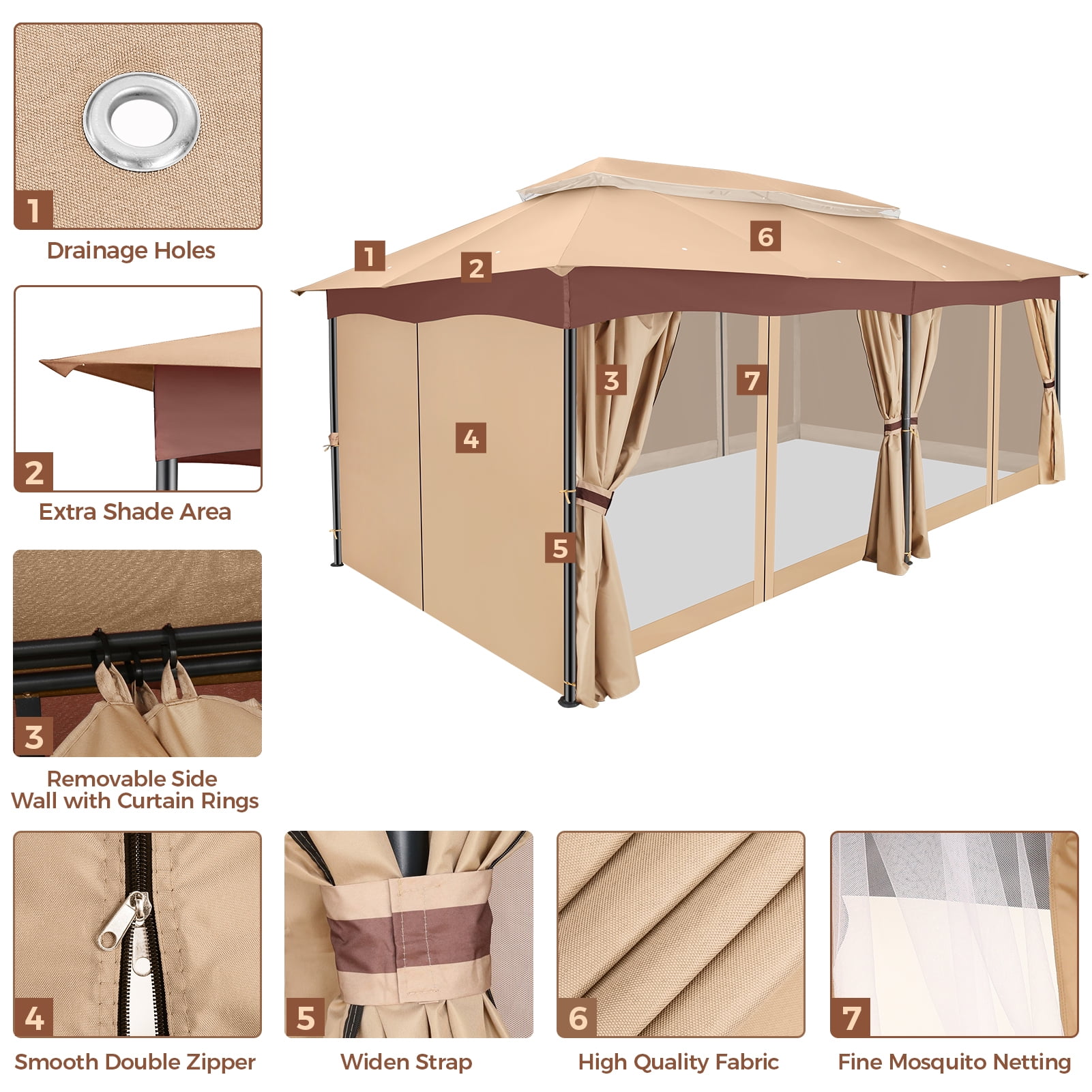 HOTEEL Heavy Duty 12X20 Outdoor Patio Gazebo with Mosquito Netting Curtains,Double-Roof Canopy Tent Gazebo for Parties,Backyards,Gardens,Khaki