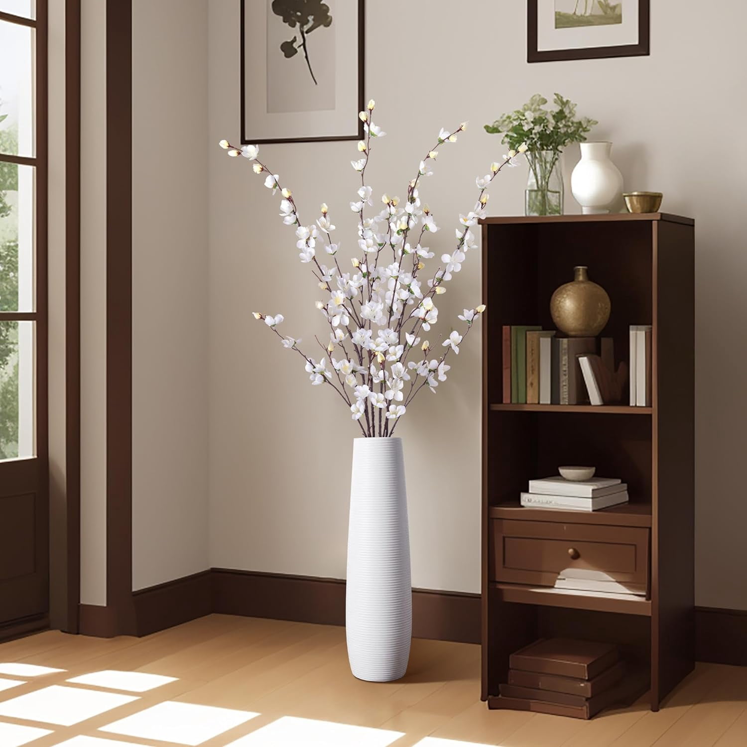 Artificial Faux Plants Flowers Indoor Spring Decor，4 Bundles Fake Silk Plum Blossom,Faux Silk Cherry Blossom Branches for Wedding Office Party Hotel Home Decor，Vase Not Included(White)