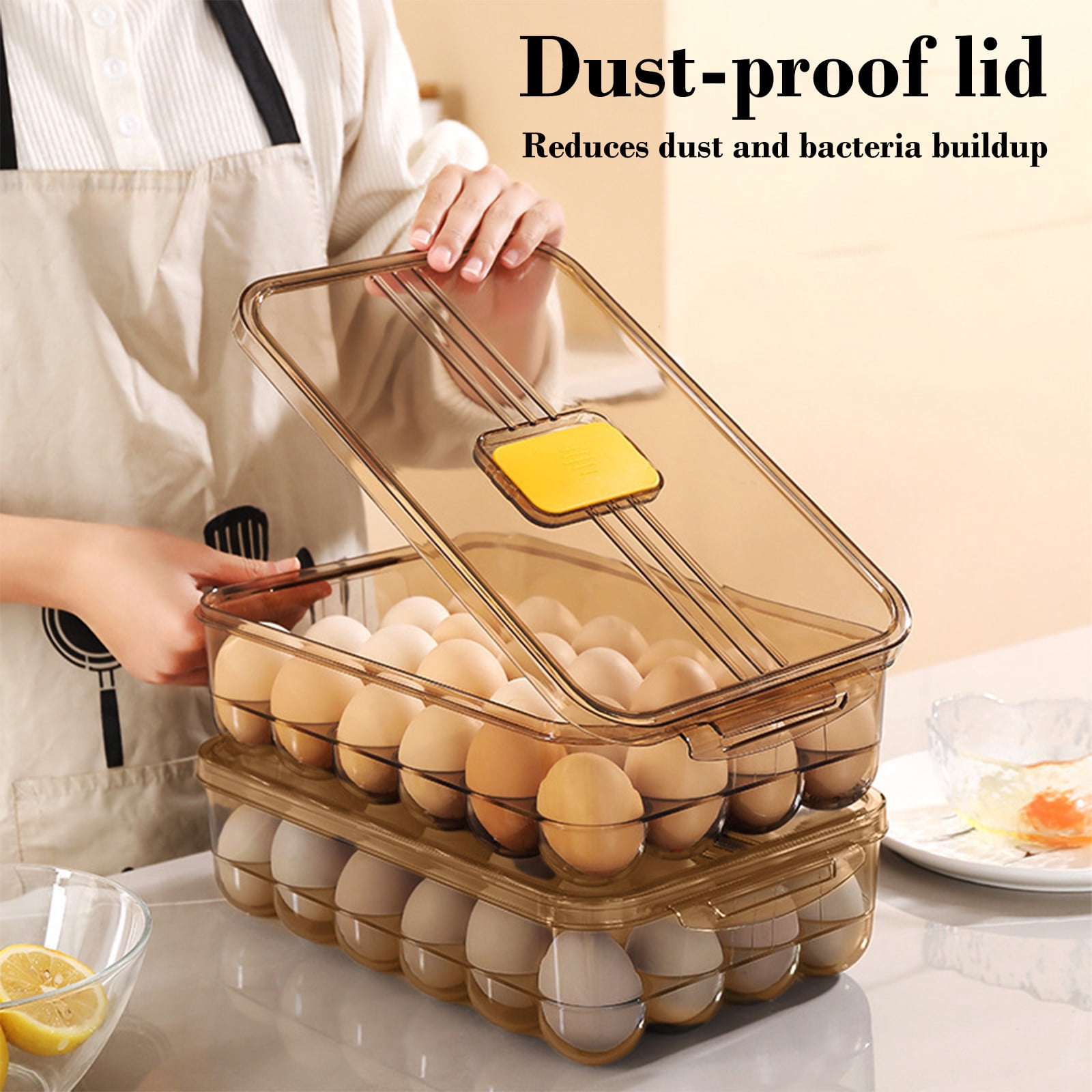 Kuroiy Clear Plastic Egg Storage Container with Lid, Stackable Large Capacity Refrigerator Organizer Box, Thick Airtight Food Fresh Keeper, 30.5x21.5x8.5cm, Stain Resistan