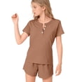 thumbnail image 6 of Ruyang 2 Piece Outfits for Girls Solid Button Short Sleeve Tops and Wide Leg Shorts Sets Summer Athletic Jogger Clothes, 6 of 9