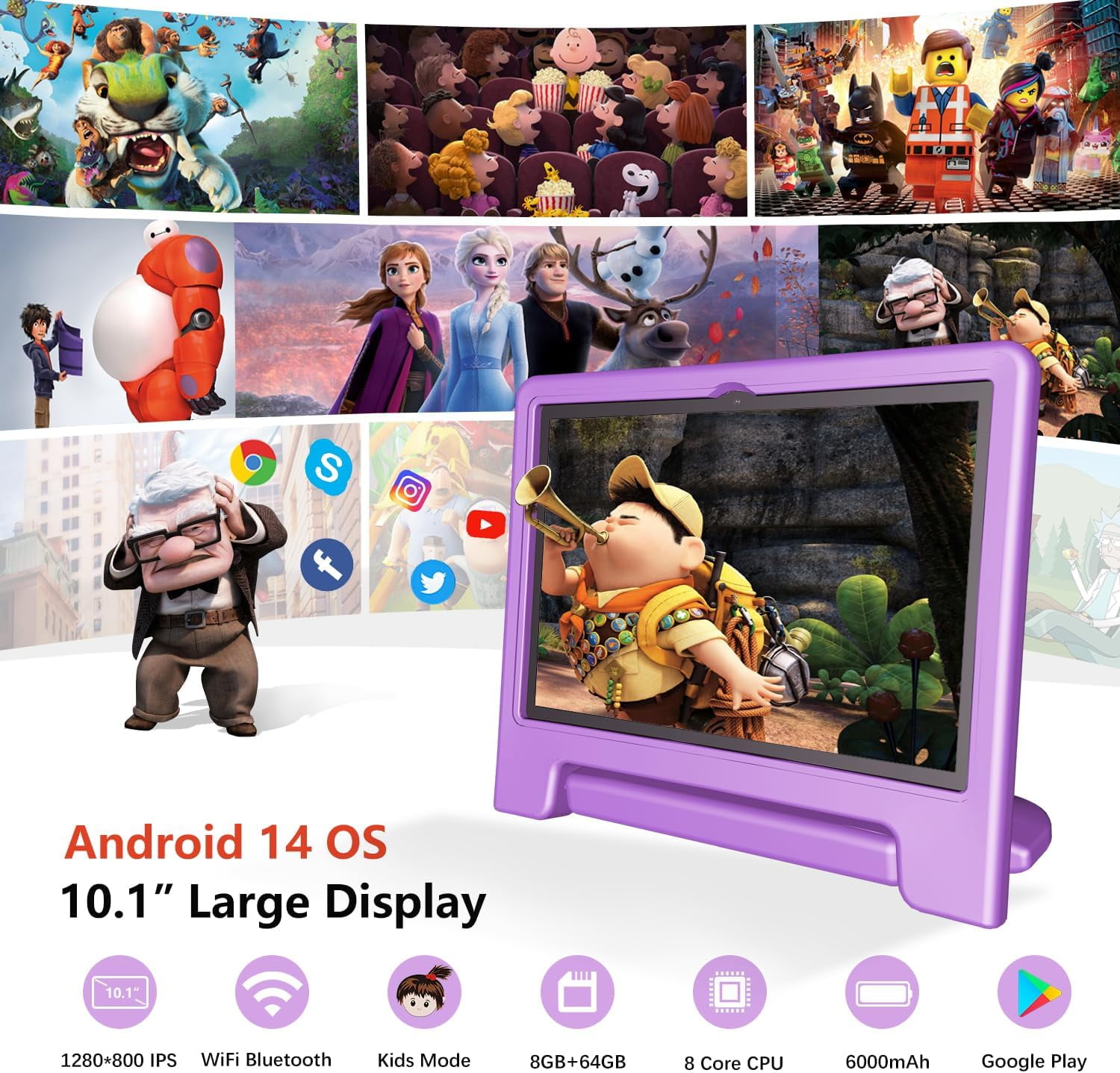 ITDULCET Kids Tablet 10 inch Android 14, 8GB RAM+64GB ROM Toddler Tablet for Children Teen, 2.4G & 5G WiFi, Dual Camera, 10.1" IPS HD Screen Family Link Parent Control, 2-Year Warranty