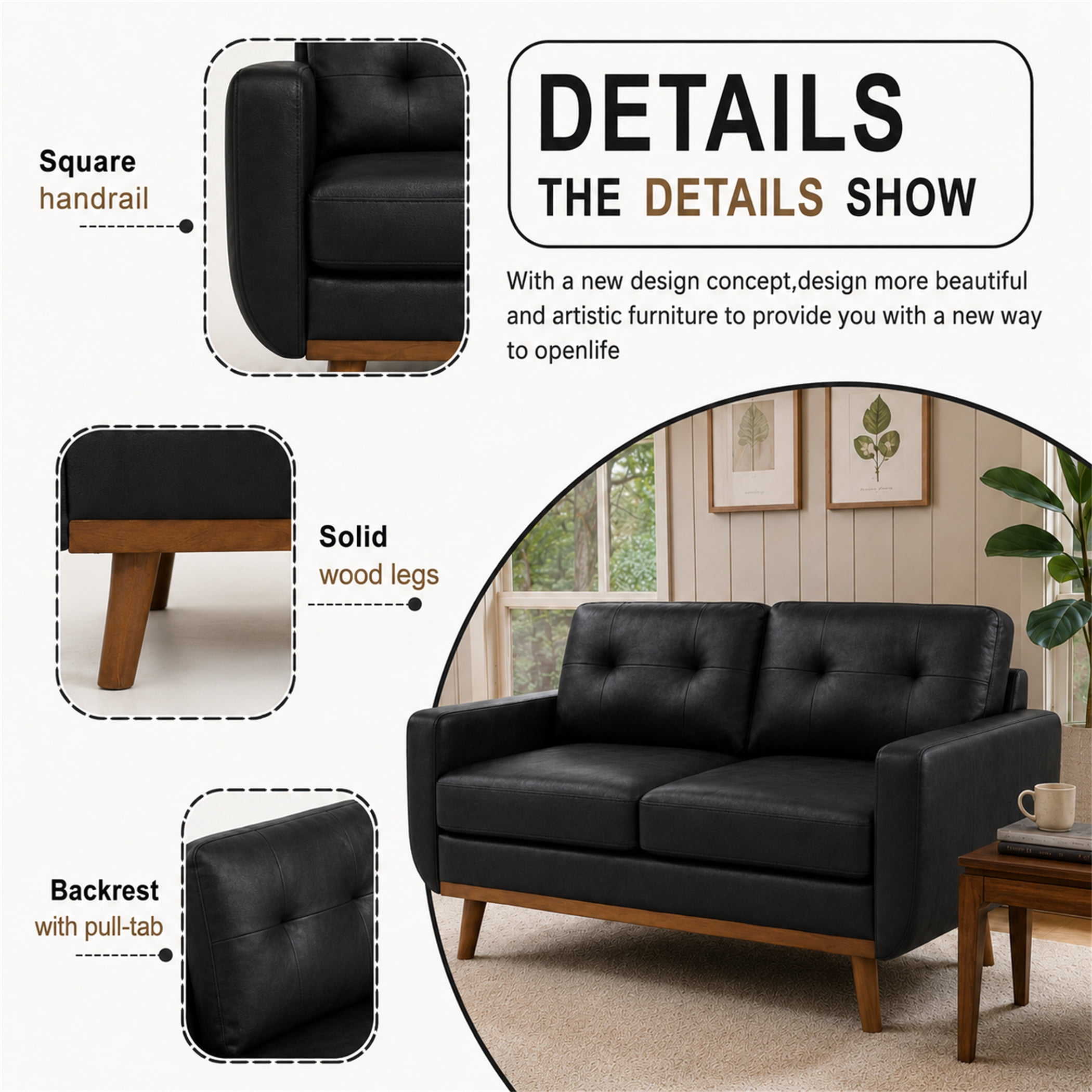 Aukfa 65" Small Sofa Loveseat Couch Comfy Mid Century Modern Sofa for Living Room Bedroom, Foil Fabric, Black