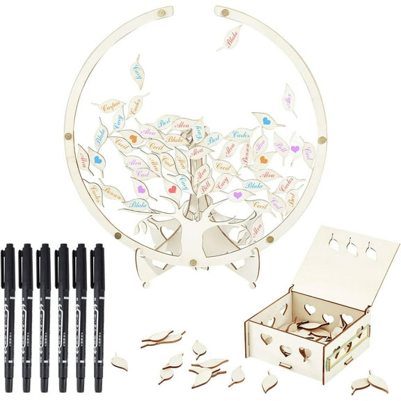 Wedding Guest Book Alternative Tree of Life Guest Book with 62pcs Blank Leaf Box and Marker Pens Wedding Guest Book Wood Sign Decorations for Reception Birthday Shower Party DIY Mixed Color