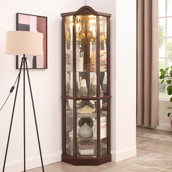 Lighted Corner Curio Cabinet with Adjustable Glass Shelves and Carved Dark Cherry Finish, Display Cabinet with Built-In Lighting for Collectibles and Wine Storage