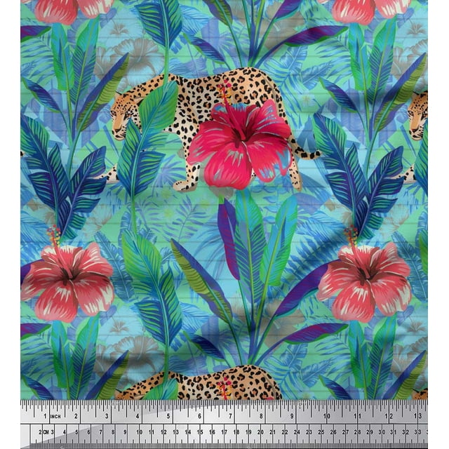 Soimoi Moss Georgette Fabric Leopard,Tropical Leaves & Floral Printed Fabric 1 Yard 42 Inch Wide