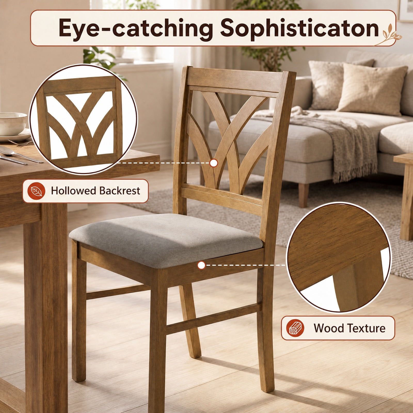 Furnibear Upholstered Wooden Dining Chairs Set of 2 with Hollowed Backrest and Padded Seats on Solid Rubber Wood Frame, Oak
