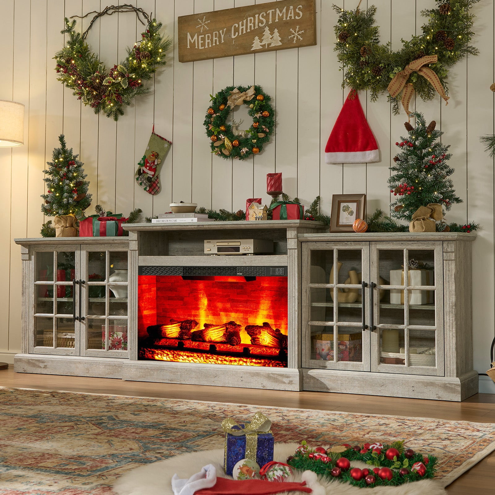 Merluxy 97" Farmhouse Fireplace TV Stand, Entertainment Center with Large Storage Space and Adjustable Shelf for Living Room, Light Grey