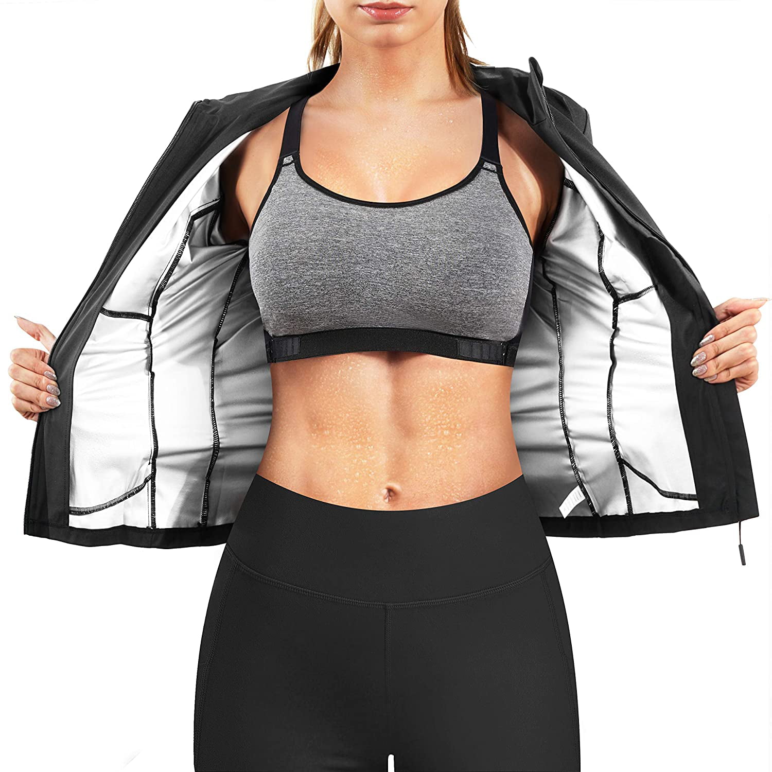 Nebility Women Waist Trainer Jacket Hot Sweat Shirt Weight Loss Sauna Suit Workout Body Shaper Fitness Top Long Sleeve 