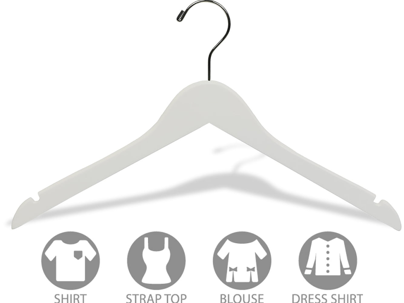 White Wooden Top Hanger, (Box of 8) Space Saving 17 Inch Flat Hangers with Chrome Swivel Hook & Notches for Hanging Straps